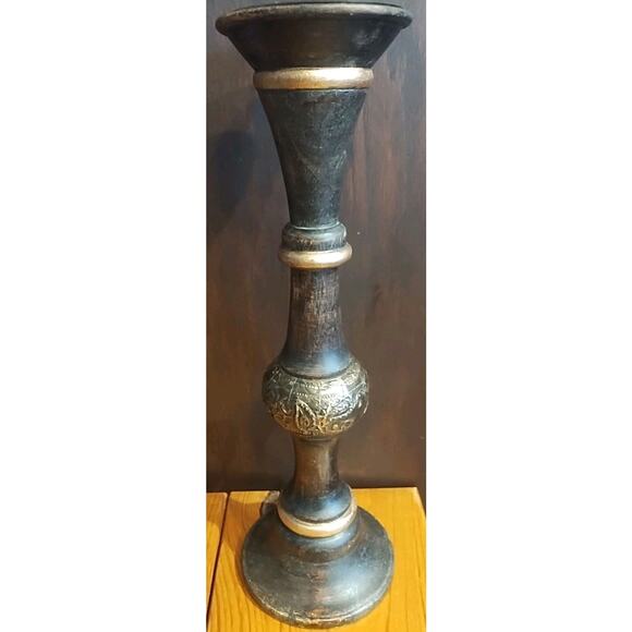 Wooden Candlestick Holder Column 15" Tall Dark wood Gold for 3" pillar candle - Picture 1 of 9